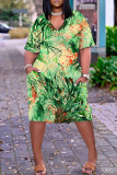 Green Casual Print Basic V Neck Short Sleeve Plus Size Dresses