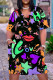 Black Casual Print Basic V Neck Short Sleeve Plus Size Dresses