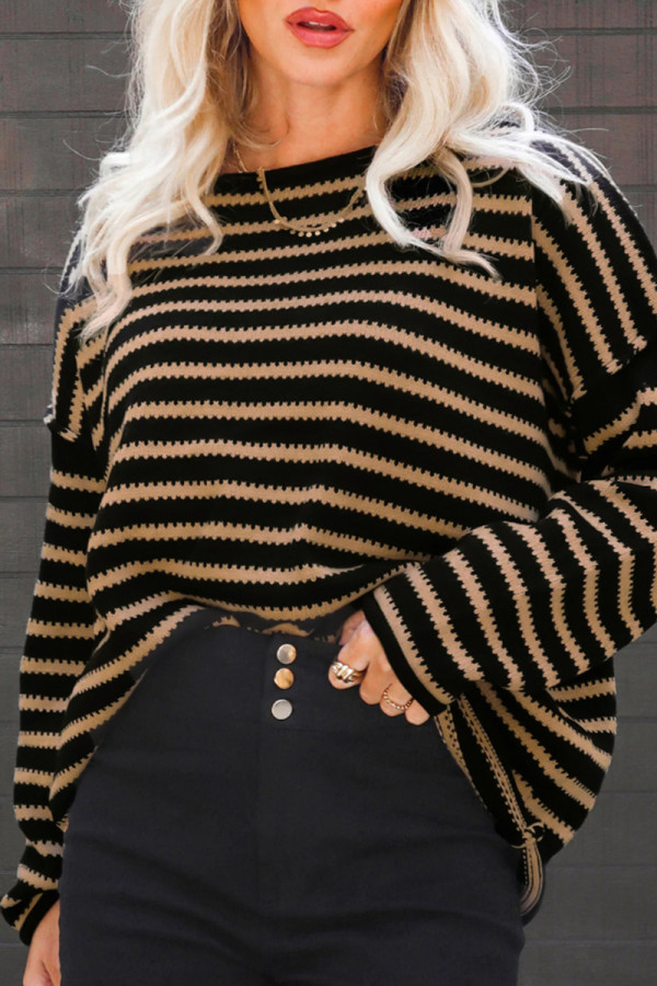 Black Brown Casual Stripe Patchwork Oblique Collar Tops