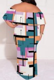 Multicolor Casual Print Patchwork Off Shoulder Long Plus Size Dresses