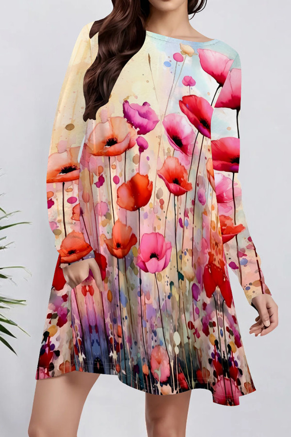 Pink Casual Print Pocket Patchwork O Neck A Line Dresses