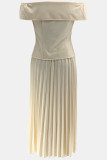 Apricot Elegant Solid Color Buttons Patchwork Pleated Off Shoulder Short Sleeve Two Pieces