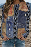 Blue Casual Street Faux Denim Print Contrast O Neck Tops