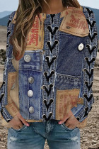 Deep Blue Casual Street Faux Denim Print Contrast O Neck Tops