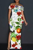 Deep Pink Casual Floral Print Patchwork Slit Off Shoulder Long Dresses