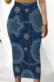 Deep Blue Casual Faux Denim Print Contrast Regular High Waist Full Print Bottoms