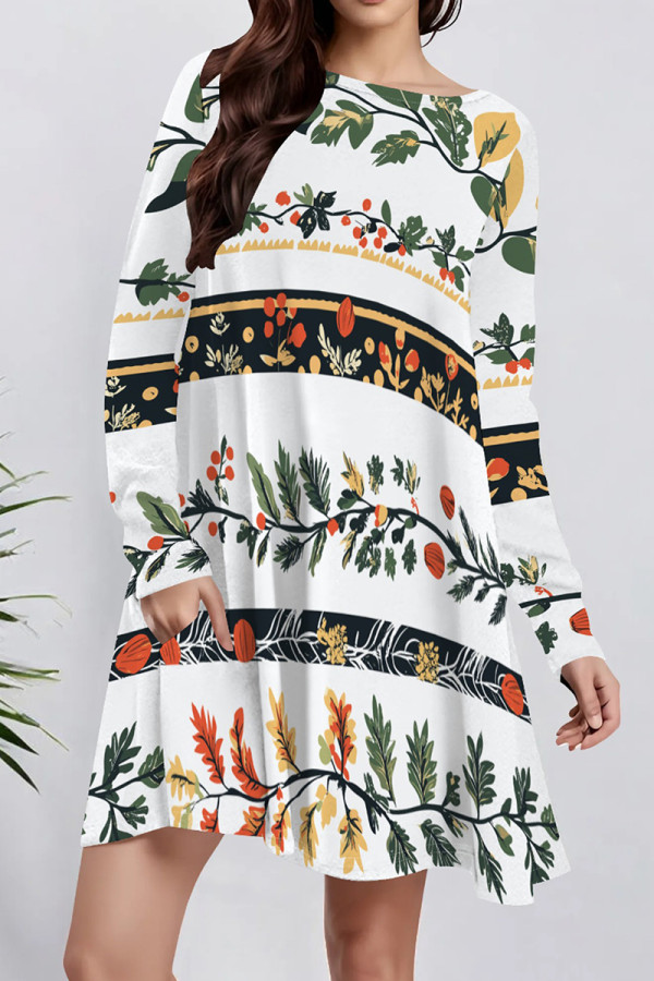 White Green Casual Print Pocket Patchwork O Neck A Line Dresses