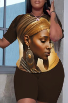 Dark Brown Casual Figure Print Basic O Neck Short Sleeve Two Pieces