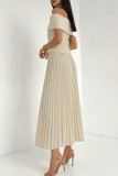 Apricot Elegant Solid Color Buttons Patchwork Pleated Off Shoulder Short Sleeve Two Pieces