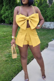 Yellow Sexy Solid Color Patchwork Backless Slit Spaghetti Strap Sleeveless Two Pieces