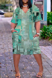 Green Casual Print Basic V Neck Short Sleeve Plus Size Dresses