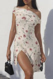 Apricot Elegant Print Patchwork Slit Oblique Collar Irregular Dresses