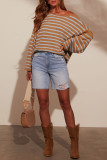 Black Brown Casual Stripe Patchwork Oblique Collar Tops