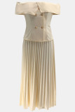 Apricot Elegant Solid Color Buttons Patchwork Pleated Off Shoulder Short Sleeve Two Pieces