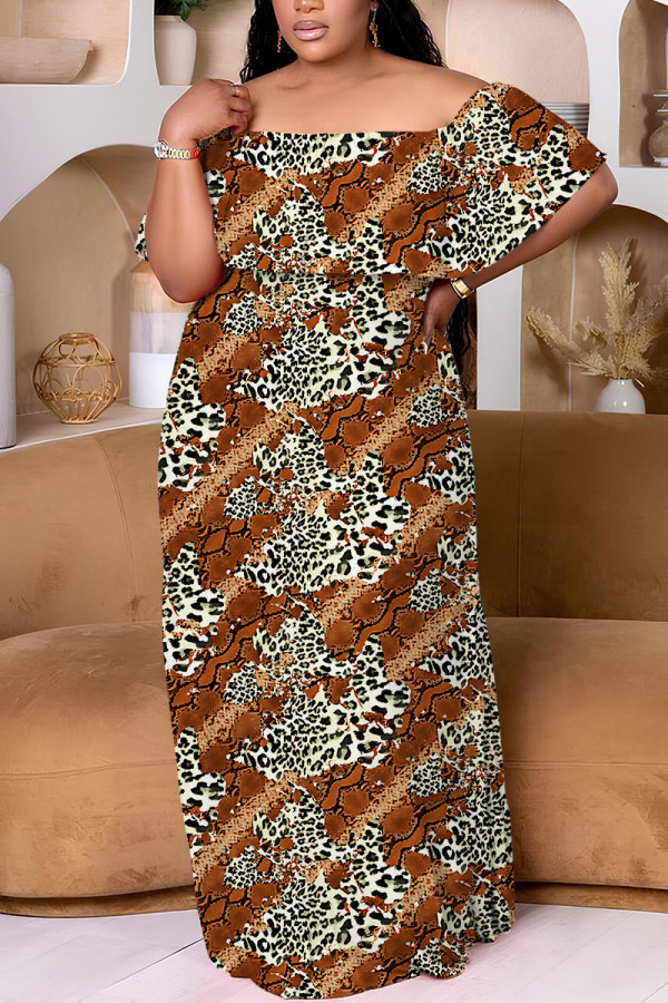 Brown Casual Print Patchwork Off Shoulder Long Plus Size Dresses