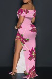 Deep Pink Casual Floral Print Patchwork Slit Off Shoulder Long Dresses