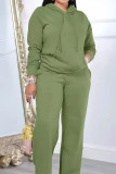 Army Green Casual Solid Color Draw String Pocket Patchwork Slit Hooded Long Sleeve Two Pieces
