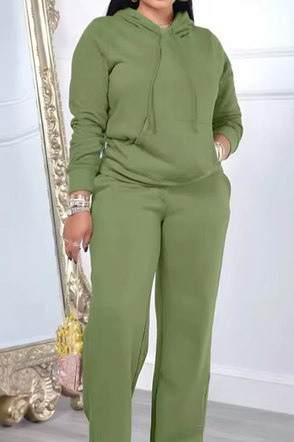 Army Green Casual Solid Color Draw String Pocket Patchwork Slit Hooded Long Sleeve Two Pieces