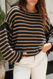 Black Brown Casual Stripe Patchwork Oblique Collar Tops