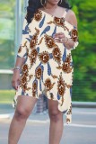 Baby Blue Casual Print Irregular Oblique Collar Plus Size Two Pieces
