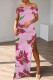 Deep Pink Casual Floral Print Patchwork Slit Off Shoulder Long Dresses