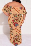 Multicolor Casual Print Patchwork Off Shoulder Long Plus Size Dresses