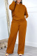 Light Brown Casual Solid Color Draw String Pocket Patchwork Slit Hooded Long Sleeve Two Pieces