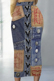 Deep Blue Casual Faux Denim Print Contrast Regular High Waist Full Print Bottoms