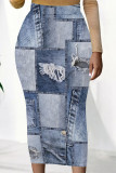 Deep Blue Casual Faux Denim Print Contrast Regular High Waist Full Print Bottoms