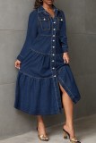 Deep Blue Casual Solid Color Pocket Buttons Turndown Collar Long Sleeve Fitted Denim Dresses