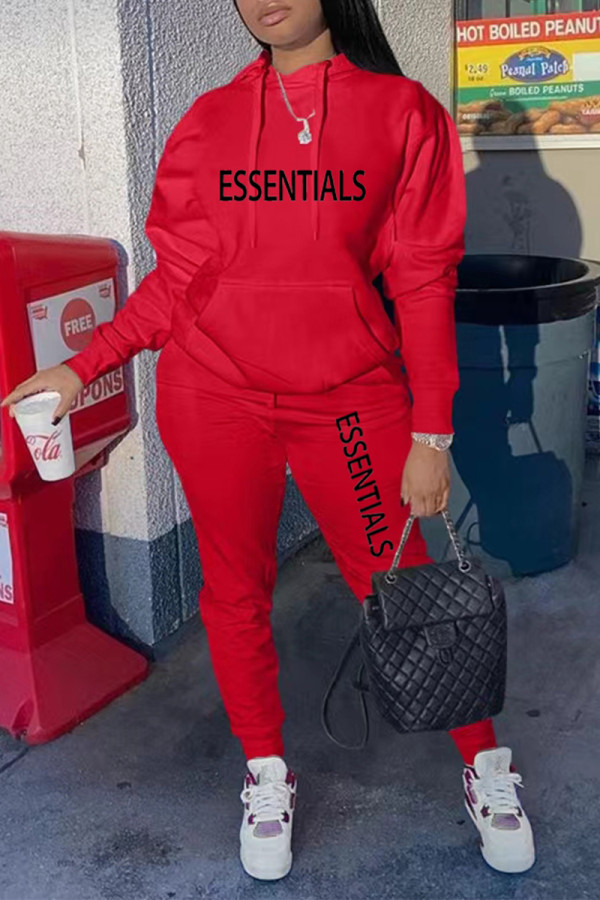 Red Casual Street Letter Print Draw String Pocket Hooded Long Sleeve Two Pieces