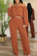 Orange Casual Solid Color Basic Off Shoulder Long Sleeve Two Pieces