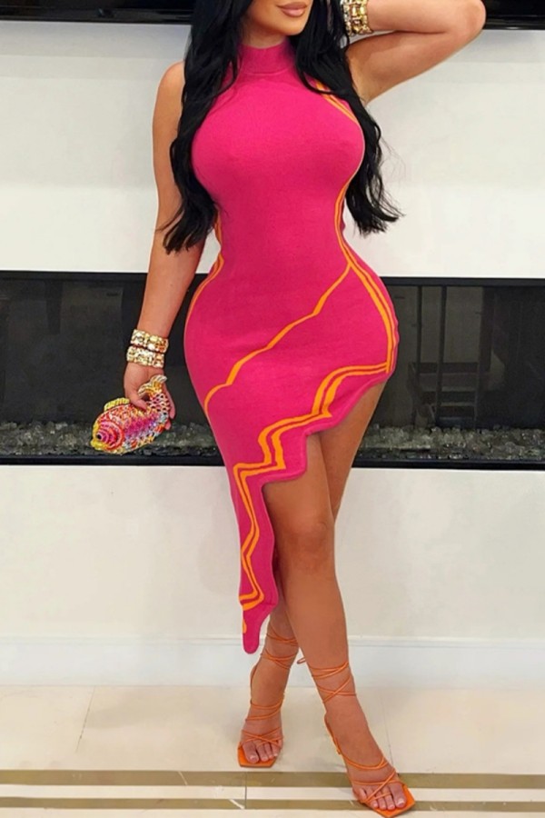 Rose Red Sexy Print Slit Turtleneck Sleeveless Dresses