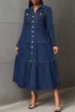 Deep Blue Casual Solid Color Pocket Buttons Turndown Collar Long Sleeve Fitted Denim Dresses