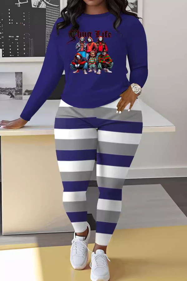 Blue Casual Print Patchwork O Neck Long Sleeve Two Pieces