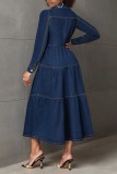 Deep Blue Casual Solid Color Pocket Buttons Turndown Collar Long Sleeve Fitted Denim Dresses