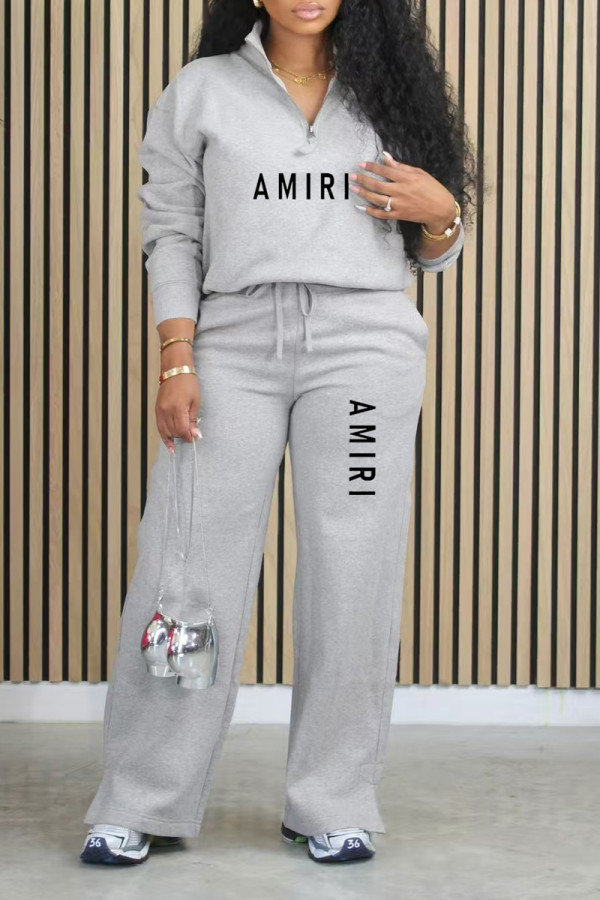 Grey Casual Street Letter Print Pocket Zipper Turndown Collar Long Sleeve Two Pieces