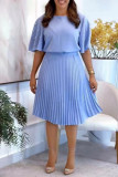 Light Blue Casual Solid Color With Belt O Neck Pleated Dresses