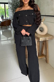 Orange Casual Solid Color Basic Off Shoulder Long Sleeve Two Pieces