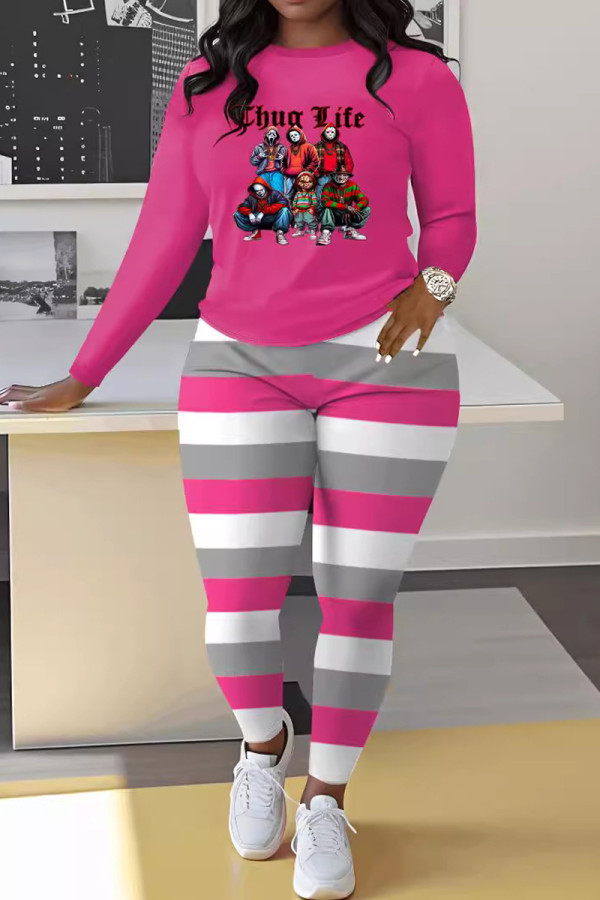 Rose Red Casual Print Patchwork O Neck Long Sleeve Two Pieces