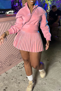 Pink Street Solid Color Patchwork Zipper Pleated Zipper Collar Long Sleeve Two Pieces