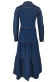 Deep Blue Casual Solid Color Pocket Buttons Turndown Collar Long Sleeve Fitted Denim Dresses