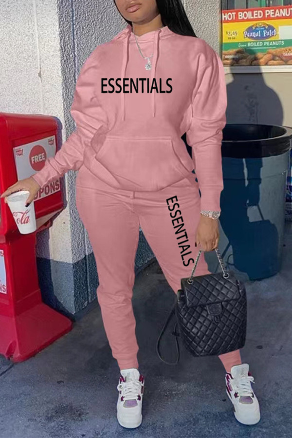 Pink Casual Street Letter Print Draw String Pocket Hooded Long Sleeve Two Pieces