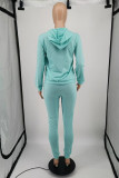 Color Blue Casual Street Letter Print Draw String Pocket Hooded Long Sleeve Two Pieces