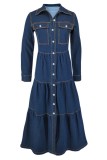 Deep Blue Casual Solid Color Pocket Buttons Turndown Collar Long Sleeve Fitted Denim Dresses