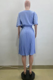 Light Blue Casual Solid Color With Belt O Neck Pleated Dresses