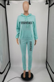 Color Blue Casual Street Letter Print Draw String Pocket Hooded Long Sleeve Two Pieces