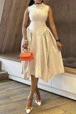 Grey Brown Elegant Solid Color Patchwork Turndown Collar Long Dresses