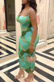Green Sexy Print Patchwork Spaghetti Strap Sling Dresses