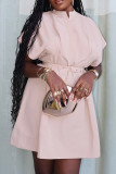 Pink Casual Solid Color Patchwork With Belt V Neck Straight Dresses